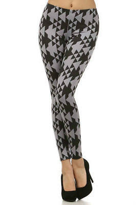 Leggings Geometric Gray Black Full Long Length Stretch Skinny New Womens