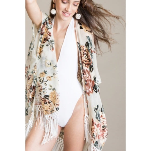 Maya Island Velvet Floral Macrame Tassel Fringe Kimono Cream Coverup Wrap