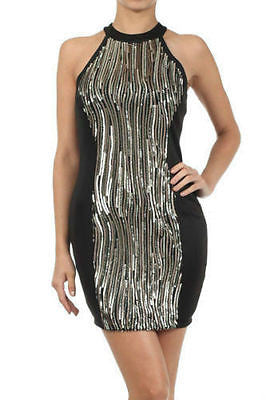 Dress Cocktail Sequin Gold Sparkling Textured Panel Halter Sexy Mini