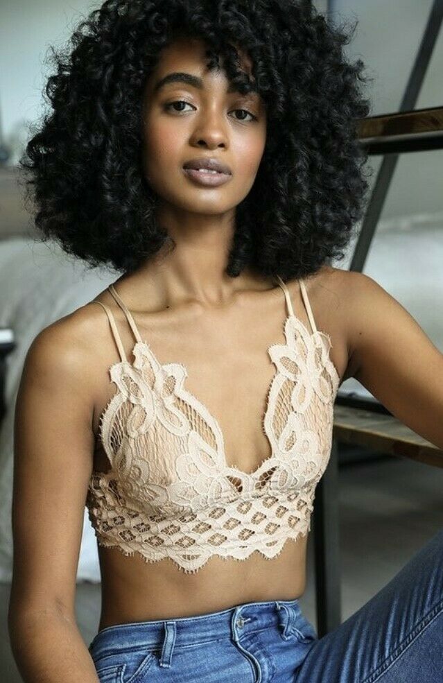 Nude Scalloped Crochet Boho Lace Longline Bralette Womens