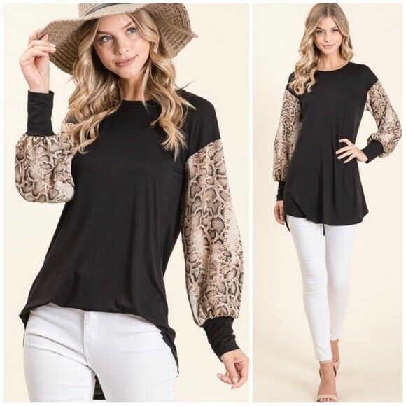 Black Snakeskin Print Relaxed Long Sleeve Top Casual Womens