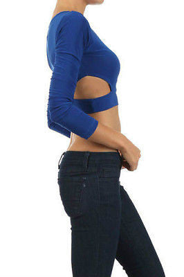 Top Midriff Crop Cut Outs Exposed Solid Blue Red Long Sleeve Sexy Hot