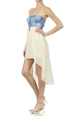 Dress Denim Chiffon Strapless 2 in 1 High Low Hemline Sweetheart Neckline