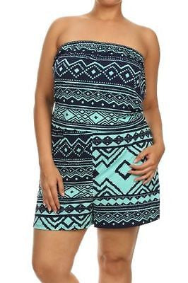 Romper Plus Mint Aztec Tribal Strapless Print New Casual Summer Orange