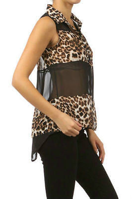 Top Chiffon Leopard Sheer Sleeveless Black High Low Hem Sexy