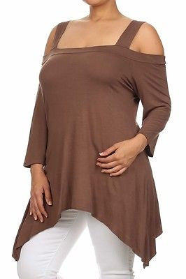 Plus Top Cold Open Shoulder Size Solid Asymmetrical Tunic Women Sexy