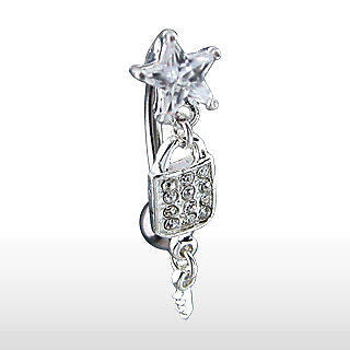 Silver Top Down Star CZ Cubic Zirconia Lock & Key Belly Navel Ring