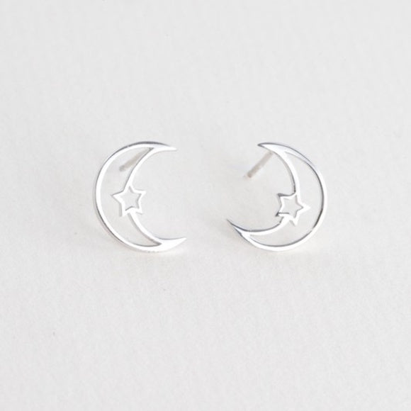 14K White Gold Sterling Silver Celestial Moon Star Outline Earrings