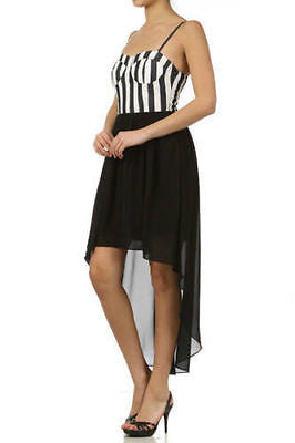 Dress Striped Chiffon Hi Low Hem 2 IN 1 Casual Sheer Sweetheart Neckline