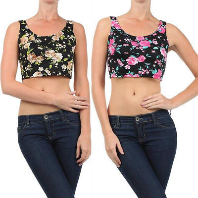 Crop Top Floral Beige Pink Shirt Scoop Neckline Belly Knit Stretch