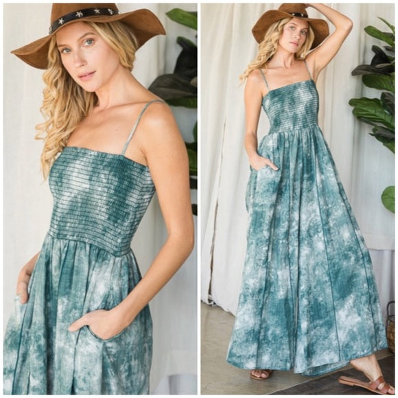 Green Tie Dye Wide Palazzo Flare Leg Smocked Bohemian Casual Jumpsuit w/ Pockets