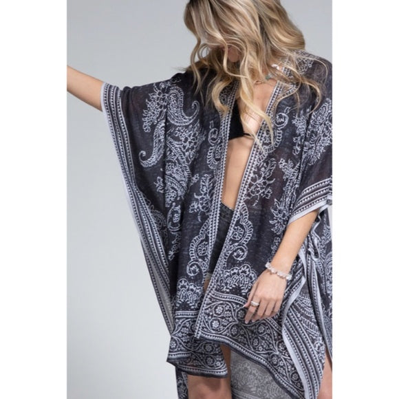 Earl Gray Bohemian Damask Paisley Printed Open Kimono Coverup Wrap