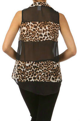 Top Chiffon Leopard Sheer Sleeveless Black High Low Hem Sexy