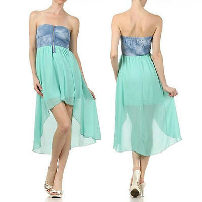 Dress Denim Chiffon Strapless 2 in 1 High Low Hemline Sweetheart Neckline