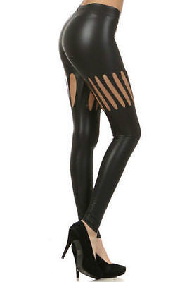 Leggings Faux Matte Leather Cut Out Knee Sexy Stretch Pants Full Length