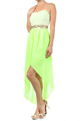 Dress Hi Lo Hem Neon Duo Tone Strapless Chiffon Sequin Beaded Cocktail