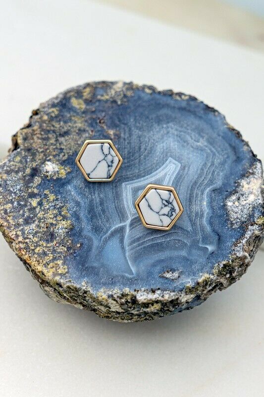 White & Gold Hexagon Natural Look Stone Stud Boho Earrings