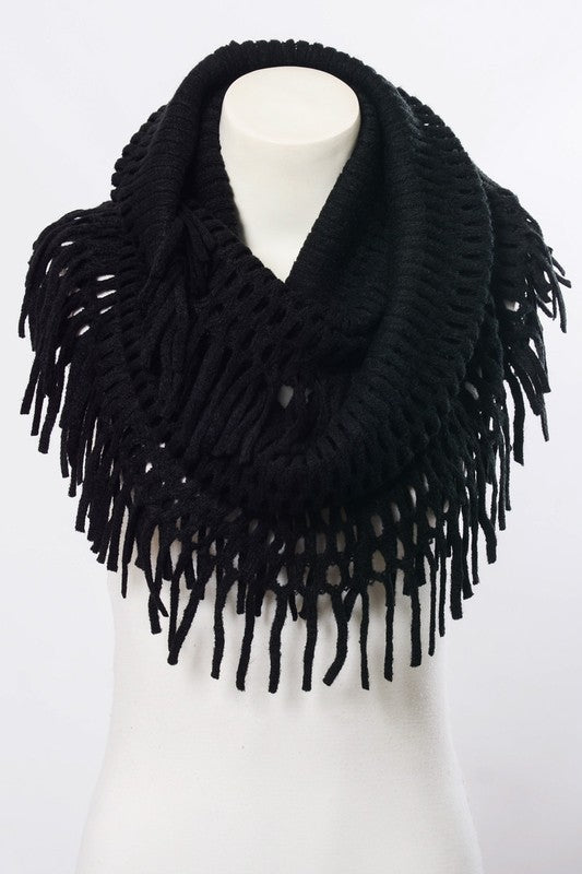 Black Chenille Fringe Infinity Scarf Tassel Honeycomb Winter Soft Casual