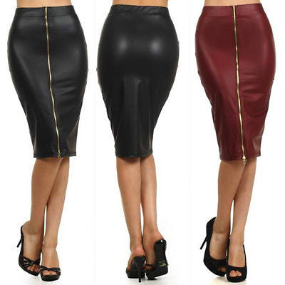 Black Skirt Faux Leather Pencil High Waist Zipper Sexy