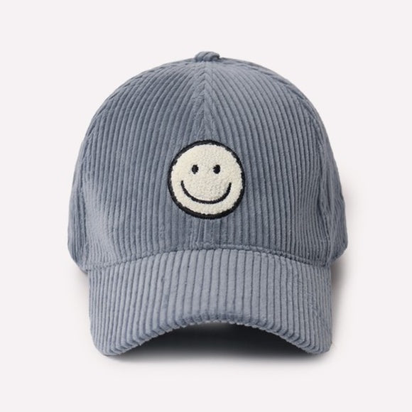 Dusty Blue Smile Face Chenille Patch Corduroy Baseball Cap Hat Casual Women's