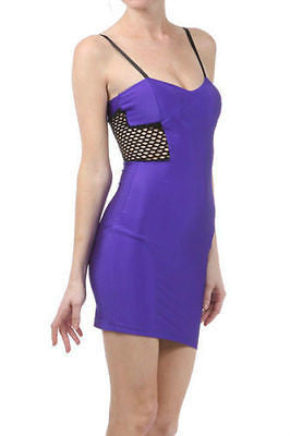 Dress Bodycon Purple Sateen Stretch Mini Fishnet Mesh Panel Club Size