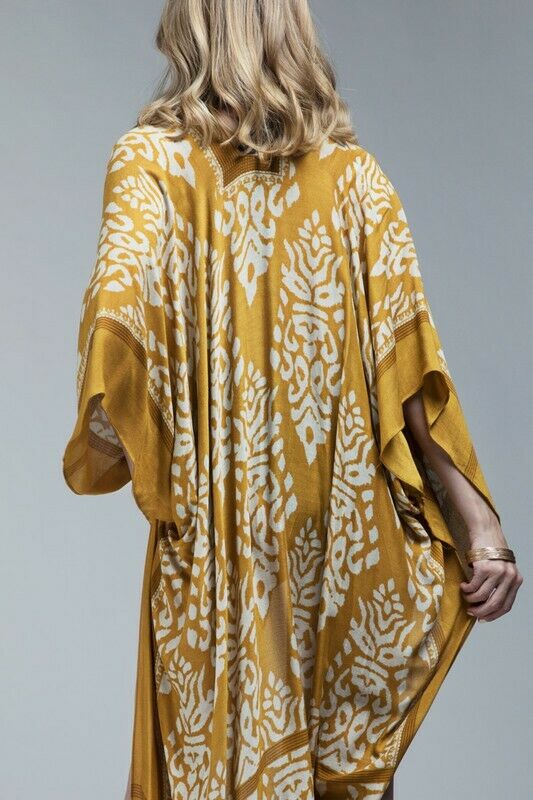 Mustard Damask Print Pompom Accent Boho Kimono Womens One Size