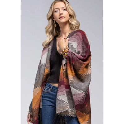 Mulberry Western Print Tassel Ruana Knit Fall Autumn Bohemian Boho Style Wrap