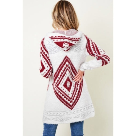 Wine Fuzzy Soft Knit Long Sleeve Aztec Tribal Native Western Cardigan Sweater