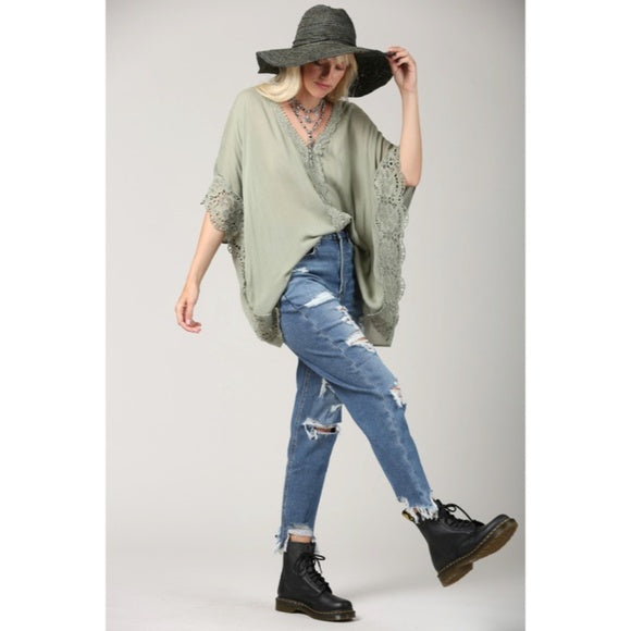 Olive Green Yoryu V-Neck Lace Trim Kimono Blouse Bohemian Casual Top Women's