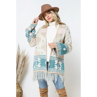 Taupe Teal Bell Sleeve Aztec Western Tribal Fringe Knit Boho Cardigan Sweater