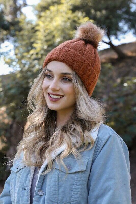 Rust Soft Knit Faux Fur Pompom Womens Winter Beanie Hat