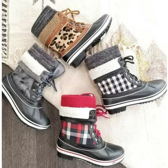 Red Plaid Print Sherpa Winter Duck Ankle Boots