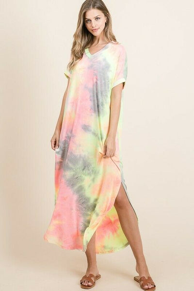 Neon Tie Dye Colorful V-Neck Maxi Long Casual Womens Short Sleeve Dress