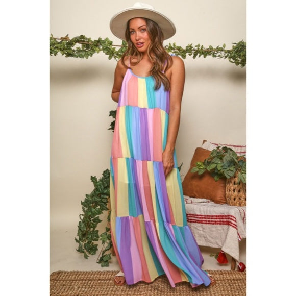 Rainbow Colorful Multi Color Bright Striped Tiered Tie Shoulder Maxi Dress