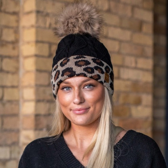 Black Leopard Cable Knit Faux Fur Pom Fleece Lined Women's Winter Beanie Hat