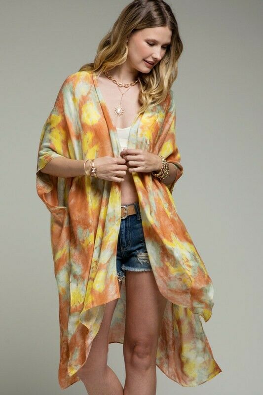 Dreamy Sunrise Water Color Inspired Tie Dye Kimono Boho Open Wrap Casual Womens