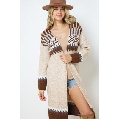 Taupe & Brown Aztec Tribal Western Boho Long Open Knit Cardigan Casual Sweater