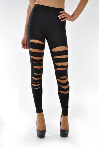 Leggings Slashed Black Laser Sexy Stretch Size Cut