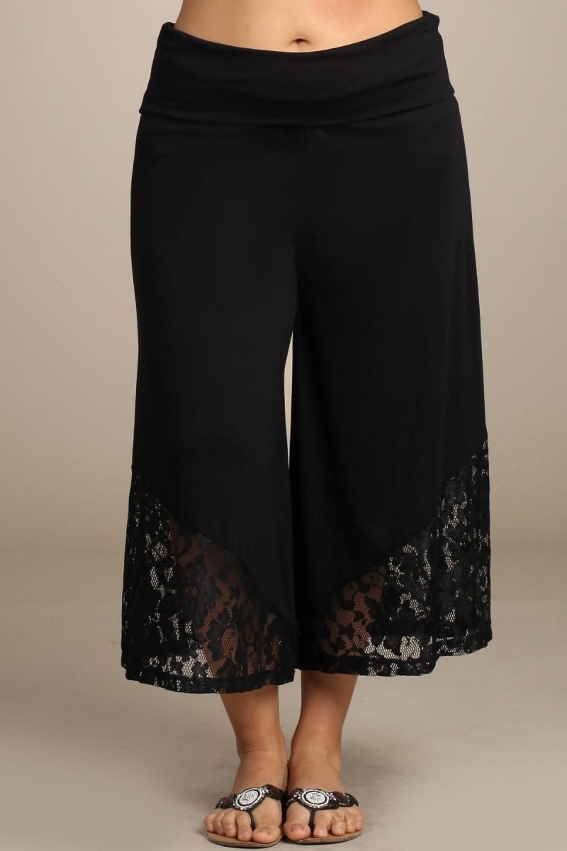 Pant Gaucho High Waist Lace Black Capri Wide Leg Bohemian Culottes