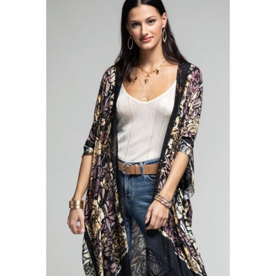 Delphi Floral Motif Tassel Kimono Duster Full Long Maxi Length Coverup Wrap