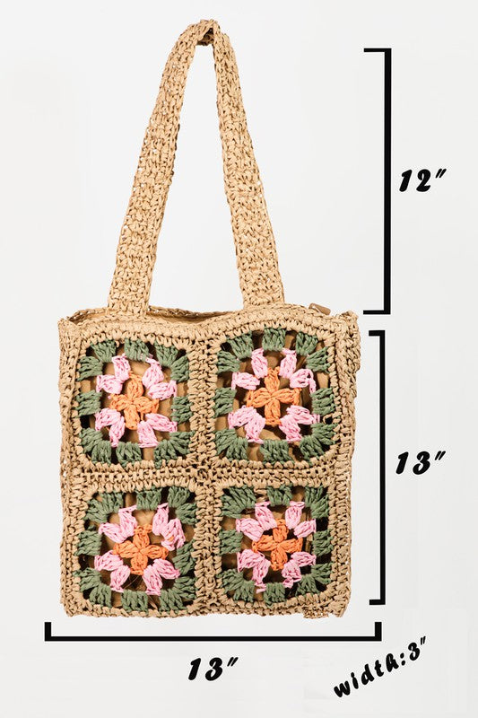 Khaki Floral Straw Braided Woven Pattern Tote Bag