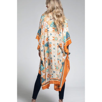 Navajo Ethnic Western Orange Turquoise Open Bohemian Coverup Kimono Wrap