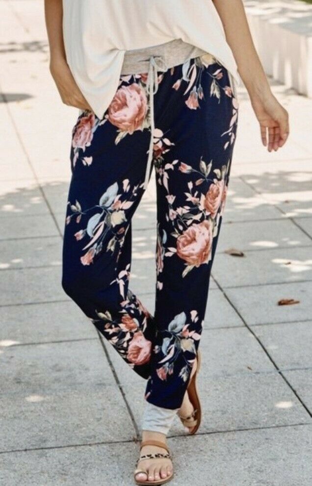 Navy Floral Print Casual Jogger Sweatpants Lounge Pants Womens