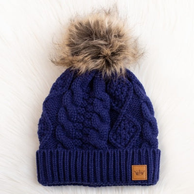 Blue Cable Knit Beanie Hat w/ Faux Fur Pompom Casual Winter Womens One Size