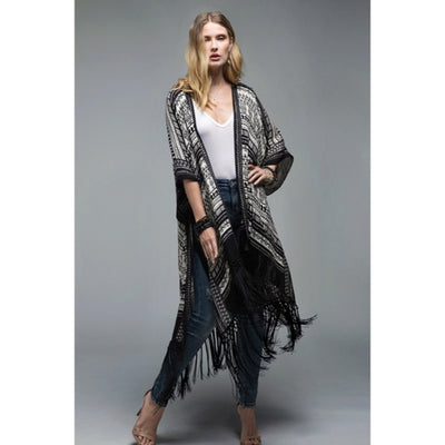 Black Ethnic Tribal Print Tassel Fringe Kimono Coverup Open Wrap Casual Women's