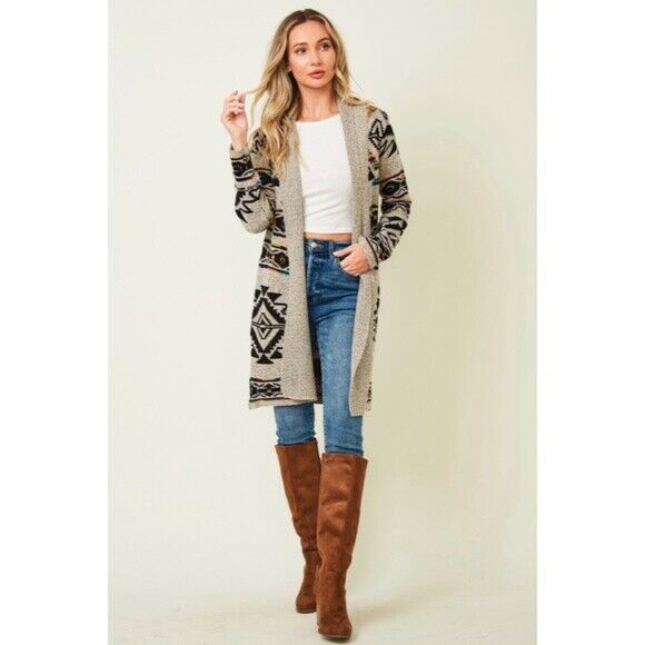 Taupe Rainbow Multi Colored Aztec Tribal Jacquard Open Knit Cardigan Sweater