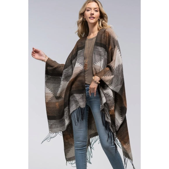 Cocoa Western Print Tassel Ruana Knit Fall Autumn Bohemian Boho Style Wrap