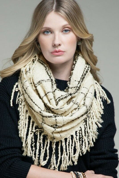 Ivory Plaid Soft Infinity Knit Tassel Fringe Womens Scarf