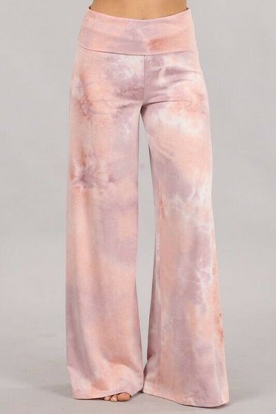 Lilac Mauve Tie Dye Wide Leg Palazzo Relaxed Fit Foldover Waist Lounge Pants