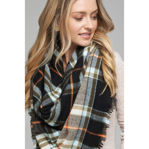 Black Multi Color Tartan Plaid Soft Brushed Women's Winter Casual Fall Scarf